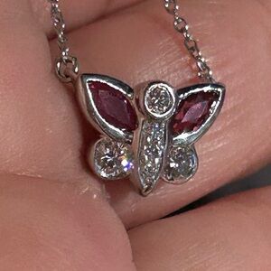Gorgeous Vintage 14K & 950 Platinum VSI Natural Diamond &Ruby Butterfly Necklace